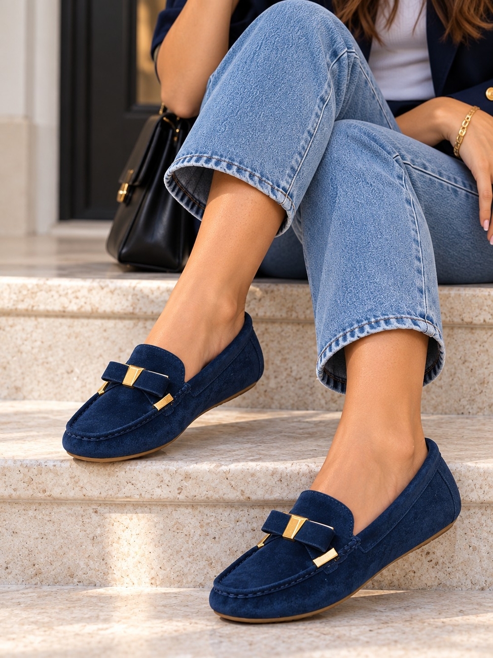 Isaac Mizrahi Navy Suede Loafers with Gold Accent Size 6.5